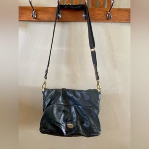FOSSIL VINTAGE BLACK/BROWN TRIM GENUINE SOFT LEATHER CROSSBODY BAG
